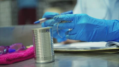 Production control supervisor inspects the can in the production line Video stock 308311308