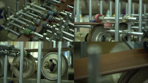 Production conveyor. Baseboard manufacturing. Split Screen Stock Footage 256077962