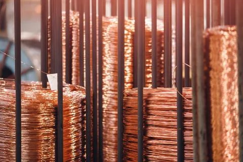 Production of copper wire, bronze cable in reels at factory 스톡 사진