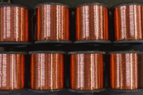 Production of copper wire, bronze cable in reels at factory Stock Photos