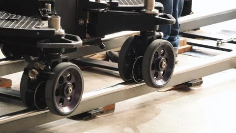 Production crew team setting dolly track. Stock Photos