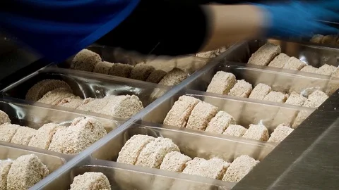Production of cutlets. Breaded semi-finished products. Work on the conveyor Stock Footage 118245584