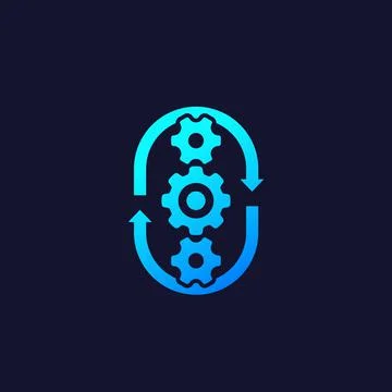 Production cycle, process icon, cogwheels and arrows, vector Stock Illustration