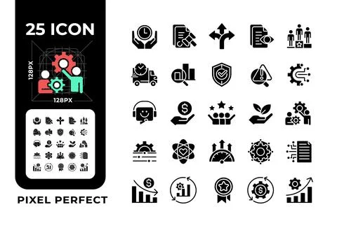 Production efficiency pixel perfect black glyph icons set on white space Stock Illustration