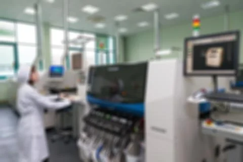 Production of electronic components  at high-tech factory blur b Stock-Fotos