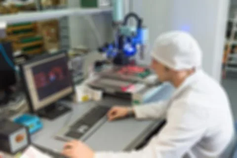 Production of electronic components  at high-tech factory blur b Stock Photos