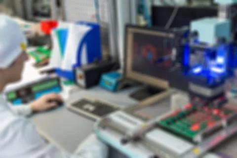 Production of electronic components  at high-tech factory blur Stock-Fotos