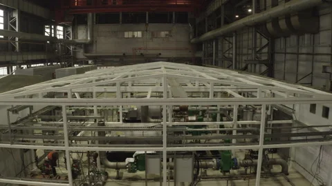 Production hall core features metal frame with pipeline inside Stock Footage 303112469