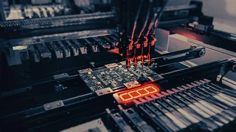 Production of high-tech computer boards on an automatic SMT machine 스톡 사진
