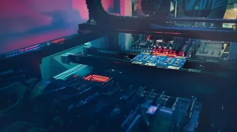 Production of high-tech computer boards on an automatic SMT machine 스톡 사진