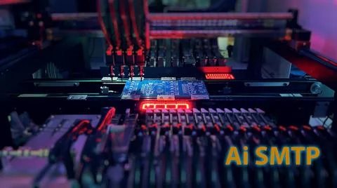 Production of high-tech computer Chips on an automatic SMT machine Ai SMT 스톡 사진