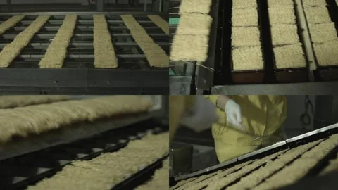 Production of instant noodles. Split Screen Stock Footage 255998801