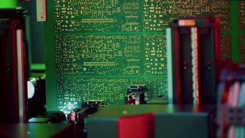Production of integrated green microchips. An electronics manufacturing plant or Fotos de archivo