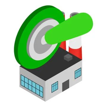 Production launch icon isometric vector. Factory building and green switch up Stock Illustration