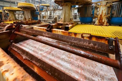Production line with baths of floatation machine at factory Stock Photos