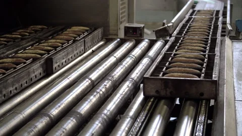 A production line in the bread-making factory on an automated conveyor belt. Stock Footage 170179218