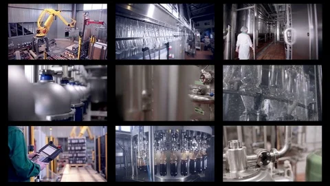 Production line of carbonated drinks. Multiscreen montage. Industrial background Video stock 72397961
