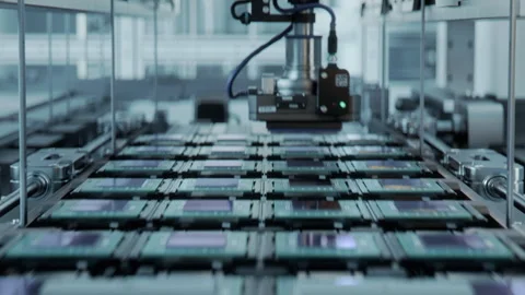 Production Line with Computer Processors on Electronics Factor Stock Footage 241484759