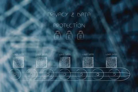 Production line processing user data and privacy protection text with locks a Stock Illustration