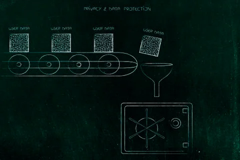 Production line with user data being stored through funnel into a safebox Illustrazione stock