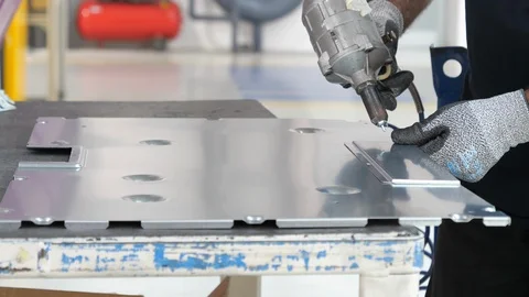 Production line, worker manually assemble parts and components on a kitchen hob Stock-Footage 94406805