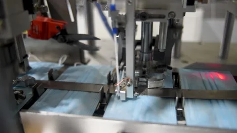 Production of medical three-layer blue or white masks. New masks move on a Stock Footage 159161638