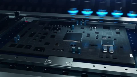 Production of microelectronics system chips using manipulators on a conveyor  Stock Footage 226443814