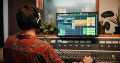 Production, music and back of engineer with headphones in studio working on Stock Footage 332323224