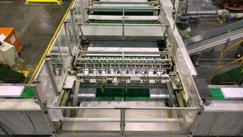 Production of office paper. The machine cuts paper into A4 sheets Stockbeeldmateriaal 314890701