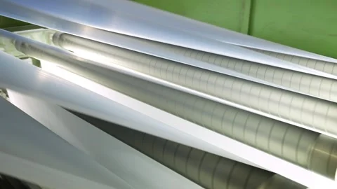 Production of office paper. The machine cuts paper into A4 sheets Stockbeeldmateriaal 314982353