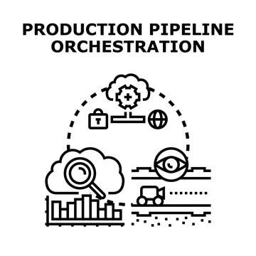 Production pipeline orchestration managing data across cloud infrastructure Stockillustratie
