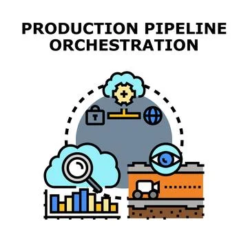 Production pipeline orchestration managing data across cloud infrastructure Stock Illustration