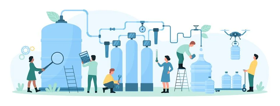 Production process of clean water, tiny people pour water into plastic bottles Stock Illustration