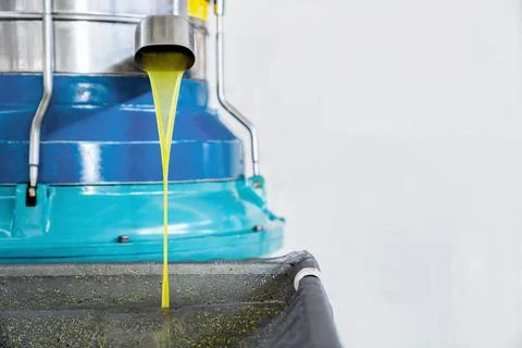Production process of extra virgin olive oil at factory. Oil pours from tap of Stock Photos