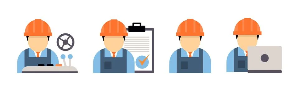 Production Process with Machine Operator Man in Hard Hat Icons Vector Set Illustrazione stock