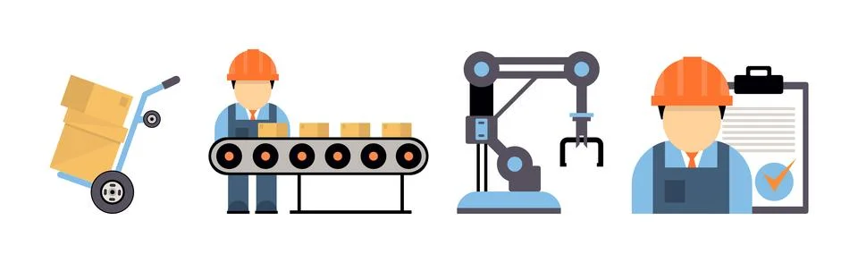 Production Process with Machine Operator Man in Hard Hat Icons Vector Set Illustrazione stock