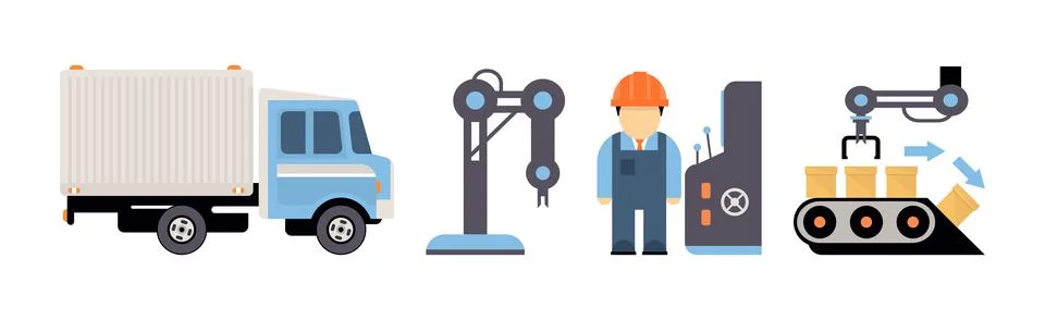 Production Process with Machine Operator Man in Hard Hat Icons Vector Set Illustrazione stock