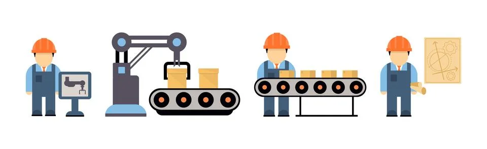Production Process with Machine Operator Man in Hard Hat Icons Vector Set Illustrazione stock