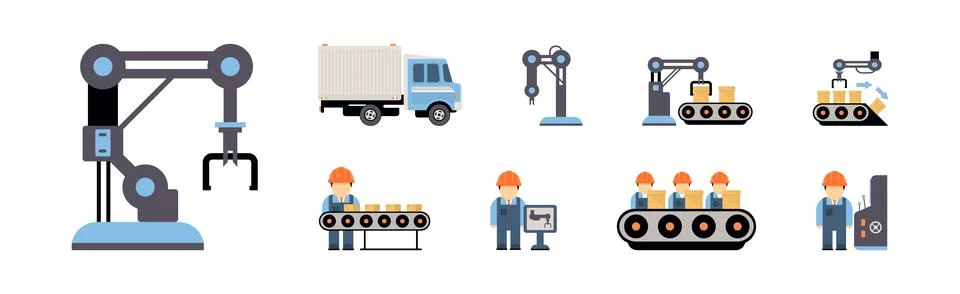 Production Process with Machine Operator Man in Hard Hat Icons Vector Set Illustrazione stock