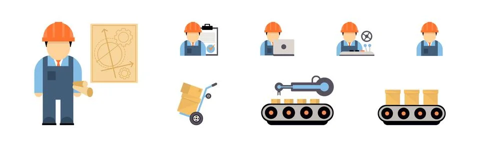 Production Process with Machine Operator Man in Hard Hat Icons Vector Set Illustrazione stock