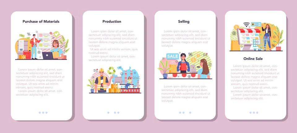 Production process mobile application banner set. Entrepreneurship organization. Stock Illustration