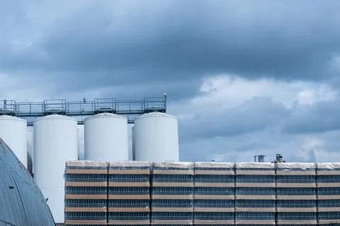 Production racks of packaging for empty beer bottles at a brewery. Stock Photos
