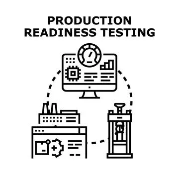 Production readiness testing icons visualize measuring system performance, ev Illustrazione stock
