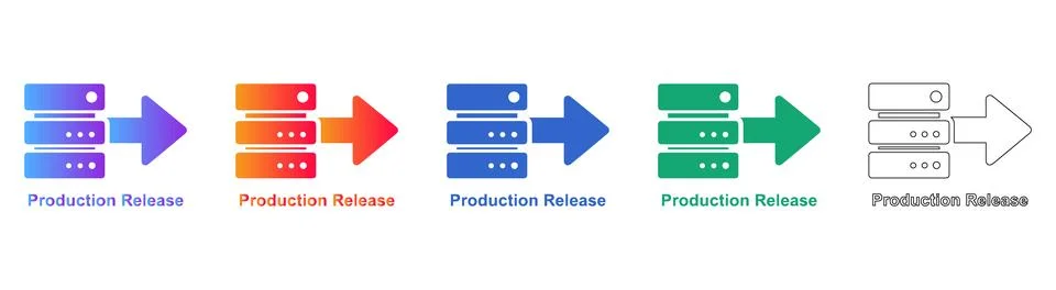 Production Release Server Icons with Data Flow Arrow Set Illustrazione stock