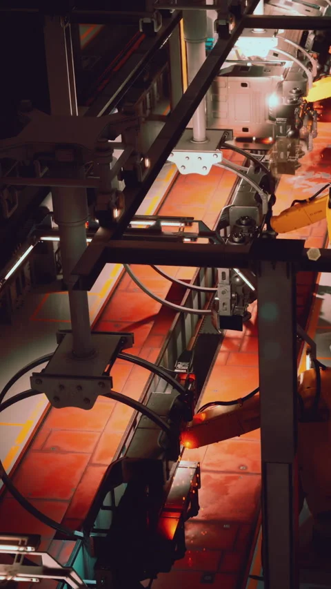 Production robots work on an assembly line in a modern factory Stock Footage 339775252