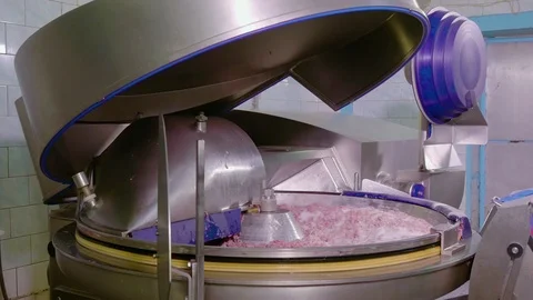 Production of Sausages at the Meat Processing Plant. Equipment for Meat Stock Footage 98888155