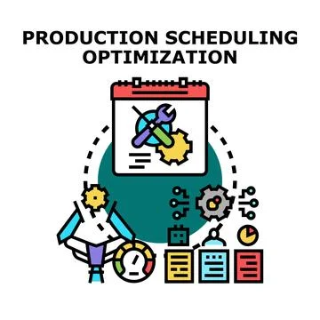 Production scheduling optimization strategy implementing business processes Illustrazione stock