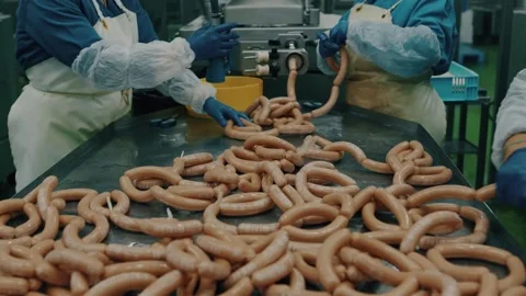 Production worker in blue rubber gloves, makes sausage. A close-up of a sausage Stock Footage 221721323
