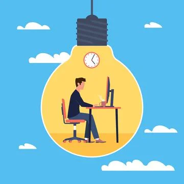 Productive. Creative process, happy sad man sitting at computer in light bulb Stock Illustration