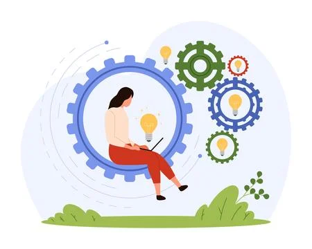 Productive employee work process, efficiency and productivity of tiny woman 스톡 일러스트